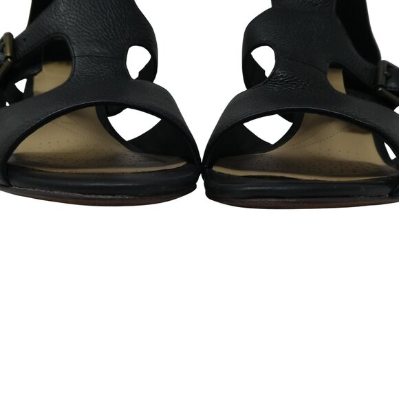 Clarks Deloria Kay Black Leather Open Toe Ankle Strap Heeled Sandals - Picture 8 of 13